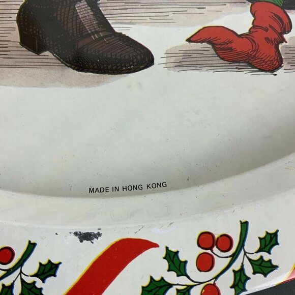 Vintage Santa Claus Elves Christmas Metal Tray Holly Candy Cane Border Hong Kong - Picture 4 of 5